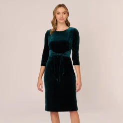 Adrianna Papell Velvet Tie Front Midi Dress With Three Quarter Sleeves In Hunter