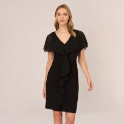 Adrianna Papell Jersey And Chiffon Midi Length Ruffled Sheath Dress In Black