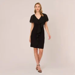Adrianna Papell Jersey And Chiffon Midi Length Ruffled Sheath Dress In Black -Cheap Vesta Gleam Store AP1D104623 AA002 Regular Front