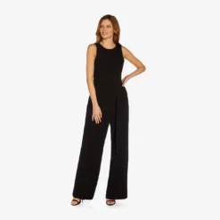 Adrianna Papell Wide-Leg Crepe Jumpsuit With Self-Bows In Black -Cheap Vesta Gleam Store AP1D104630 AA002 Regular Alternate