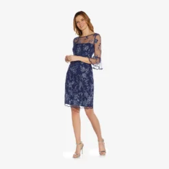 Adrianna Papell Floral Embroidered Sheath Dress With Scalloped Detail In Midnight Multi -Cheap Vesta Gleam Store AP1D104637 AE489 Regular Alternate