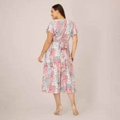 Adrianna Papell Plus Size Floral-Print Fit-And-Flare Midi-Length Chiffon Dress In Aqua Multi -Cheap Vesta Gleam Store AP1D104656 BZ980 Plus Back