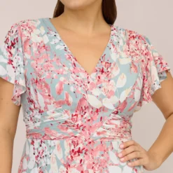 Adrianna Papell Plus Size Floral-Print Fit-And-Flare Midi-Length Chiffon Dress In Aqua Multi -Cheap Vesta Gleam Store AP1D104656 BZ980 Plus Detail