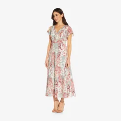 Adrianna Papell Floral-Print Fit-And-Flare Midi-Length Chiffon Dress In Aqua Multi -Cheap Vesta Gleam Store AP1D104656 BZ980 Regular Alternate