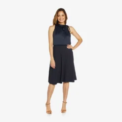 Adrianna Papell Satin Crepe Midi-Length Halter Dress With Keyhole In Dark Navy -Cheap Vesta Gleam Store AP1D104678 AB010 Regular Side