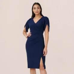 Adrianna Papell Pearl Embellished Knit Crepe Sheath Dress In Navy Sateen
