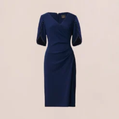 Adrianna Papell Pearl Embellished Knit Crepe Sheath Dress In Navy Sateen -Cheap Vesta Gleam Store AP1D104679 AK412 Regular Flat
