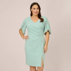Adrianna Papell Plus Size Pearl Embellished Knit Crepe Sheath Dress In Cloudy Aqua