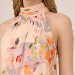 Adrianna Papell Floral-Print Chiffon Midi-Length Blouson Halter Dress In Sandshell Multi -Cheap Vesta Gleam Store AP1D104707 AE104 Regular Detail