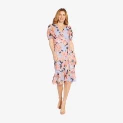 Adrianna Papell Floral-Printed Clip Dot Chiffon Midi-Length Cocktail Dress In Opal Coral Multi -Cheap Vesta Gleam Store AP1D104709 AG498 Regular Alternate
