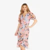 Adrianna Papell Floral-Printed Clip Dot Chiffon Midi-Length Cocktail Dress In Opal Coral Multi