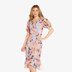 Adrianna Papell Floral-Printed Clip Dot Chiffon Midi-Length Cocktail Dress In Opal Coral Multi