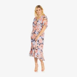 Adrianna Papell Plus Size Floral-Printed Clip Dot Chiffon Midi-Length Cocktail Dress In Opal Coral Multi -Cheap Vesta Gleam Store AP1D104709 AG498 Plus Side