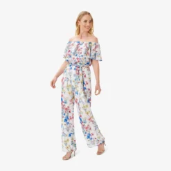 Adrianna Papell Floral-Print Off-The-Shoulder Chiffon Jumpsuit In Ivory Coral Multi -Cheap Vesta Gleam Store AP1D104713 AE194 Regular Alternate