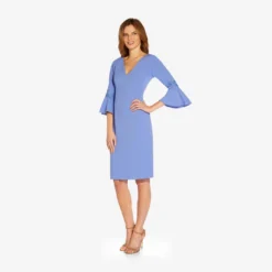 Adrianna Papell Lace-Trim Crepe Short Sheath Dress With Bell Sleeves In Misty Peri -Cheap Vesta Gleam Store AP1D104716 AD494 Regular Side