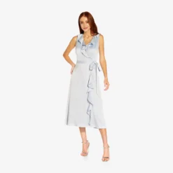 Adrianna Papell Satin Crepe Midi-Length Ruffled Faux Wrap Dress In Opal -Cheap Vesta Gleam Store AP1D104720 AI498 Regular Alternate