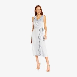 Adrianna Papell Satin Crepe Midi-Length Ruffled Faux Wrap Dress In Opal -Cheap Vesta Gleam Store AP1D104720 AI498 Regular Side