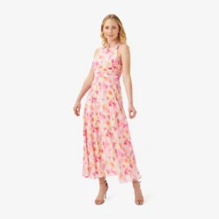 Adrianna Papell Floral-Print Chiffon Midi-Length Fit-And-Flare Halter Dress In Pink Multi