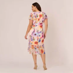 Adrianna Papell Plus Size Floral-Print Faux Wrap Midi-Length Ruffled Dress With Flutter Sleeves In Praline Multi -Cheap Vesta Gleam Store AP1D104731 AJ267 Plus Back