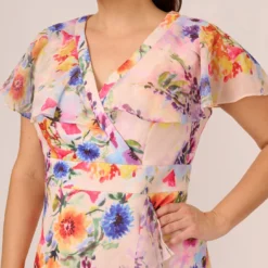Adrianna Papell Plus Size Floral-Print Faux Wrap Midi-Length Ruffled Dress With Flutter Sleeves In Praline Multi -Cheap Vesta Gleam Store AP1D104731 AJ267 Plus Detail
