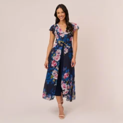 Adrianna Papell Floral-Print Cropped Jumpsuit With Chiffon Overlay In Navy Multi