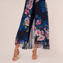 Adrianna Papell Floral-Print Cropped Jumpsuit With Chiffon Overlay In Navy Multi -Cheap Vesta Gleam Store AP1D104734 AA980 Regular Lifestyle