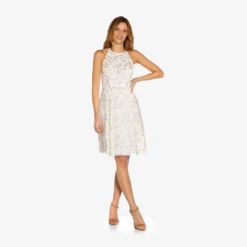 Adrianna Papell Metallic Floral Embroidered Short Fit-And-Flare Dress In Ivory Gold -Cheap Vesta Gleam Store AP1D104749 AK170 Regular Alternate