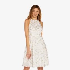 Adrianna Papell Metallic Floral Embroidered Short Fit-And-Flare Dress In Ivory Gold