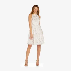 Adrianna Papell Metallic Floral Embroidered Short Fit-And-Flare Dress In Ivory Gold -Cheap Vesta Gleam Store AP1D104749 AK170 Regular Side