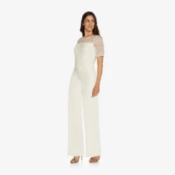 Adrianna Papell Guipure Lace And Crepe Wide-Leg Jumpsuit In Ivory -Cheap Vesta Gleam Store AP1D104752 AA194 Regular Alternate