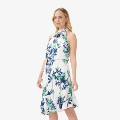 Adrianna Papell Floral-Print Crepe Midi-Length Blouson Halter Dress In Ivory Multi