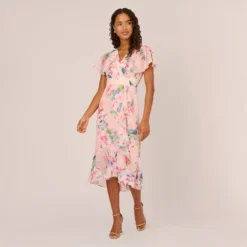 Adrianna Papell Floral-Print Twill Ruffled Midi-Length Faux Wrap Dress In Rose Multi