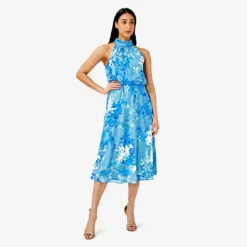 Adrianna Papell Floral-Print Mock Neck Midi-Length Chiffon Blouson Halter Dress In Peri Multi -Cheap Vesta Gleam Store AP1D104758 AC494 Regular Alternate