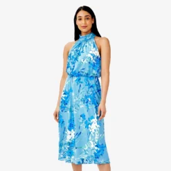 Adrianna Papell Floral-Print Mock Neck Midi-Length Chiffon Blouson Halter Dress In Peri Multi