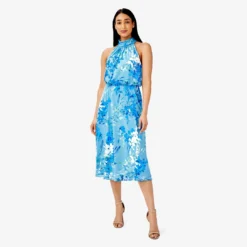 Adrianna Papell Floral-Print Mock Neck Midi-Length Chiffon Blouson Halter Dress In Peri Multi -Cheap Vesta Gleam Store AP1D104758 AC494 Regular Side