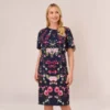Adrianna Papell Plus Size Floral-Print Crepe Midi-Length Sheath Dress In Navy Multi