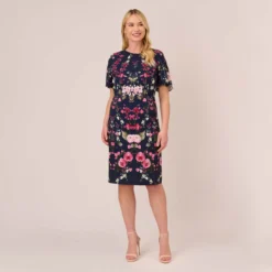Adrianna Papell Plus Size Floral-Print Crepe Midi-Length Sheath Dress In Navy Multi -Cheap Vesta Gleam Store AP1D104781 AA980 Plus Front