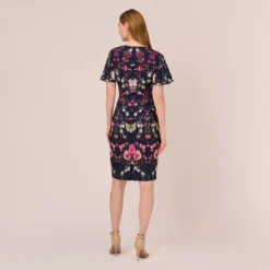 Adrianna Papell Floral-Print Crepe Midi-Length Sheath Dress In Navy Multi -Cheap Vesta Gleam Store AP1D104781 AA980 Regular Back