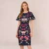 Adrianna Papell Floral-Print Crepe Midi-Length Sheath Dress In Navy Multi