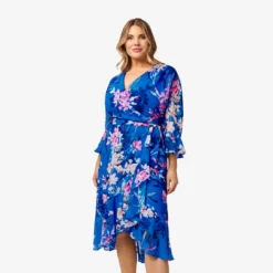 Adrianna Papell Plus Size Floral-Print Chiffon Short Wrap Dress In Blue Multi