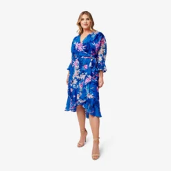 Adrianna Papell Plus Size Floral-Print Chiffon Short Wrap Dress In Blue Multi -Cheap Vesta Gleam Store AP1D104808 AA461 Plus Side