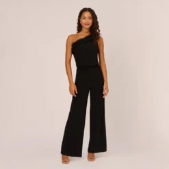 Adrianna Papell Ruffled One-Shoulder Blouson Jersey Jumpsuit In Black