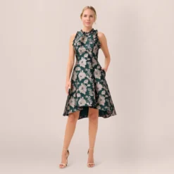 Adrianna Papell Metallic Floral Jacquard Ruffled Fit And Flare Short Day Dress In Hunter Multi