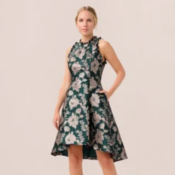 Adrianna Papell Metallic Floral Jacquard Ruffled Fit And Flare Short Day Dress In Hunter Multi -Cheap Vesta Gleam Store AP1D104821 AH390 Regular Default