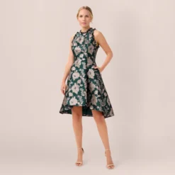 Adrianna Papell Metallic Floral Jacquard Ruffled Fit And Flare Short Day Dress In Hunter Multi -Cheap Vesta Gleam Store AP1D104821 AH390 Regular Side