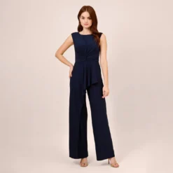 Adrianna Papell Stretch Jersey Twist-Front Jumpsuit With Overlay In Midnight