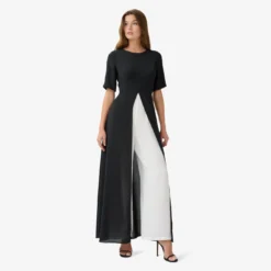 Adrianna Papell Colorblock Gauzy Crepe Jumpsuit With Skirt Overlay In Black Ivory -Cheap Vesta Gleam Store AP1D104839 AA019 Regular Alternate