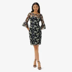 Adrianna Papell Floral Embroidered Illusion Short Sheath Dress With Bell Sleeves In Black Multi -Cheap Vesta Gleam Store AP1D104845 AA960 Regular Alternate