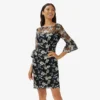 Adrianna Papell Floral Embroidered Illusion Short Sheath Dress With Bell Sleeves In Black Multi