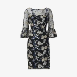 Adrianna Papell Floral Embroidered Illusion Short Sheath Dress With Bell Sleeves In Black Multi -Cheap Vesta Gleam Store AP1D104845 AA960 Regular Flat